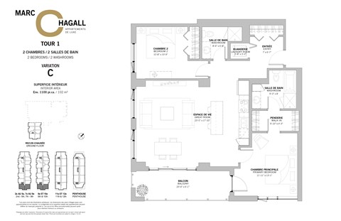 A floor plan for a two bedroom, two bathroom apartment at Marc Chagall Apartments in Côte Saint-Luc.